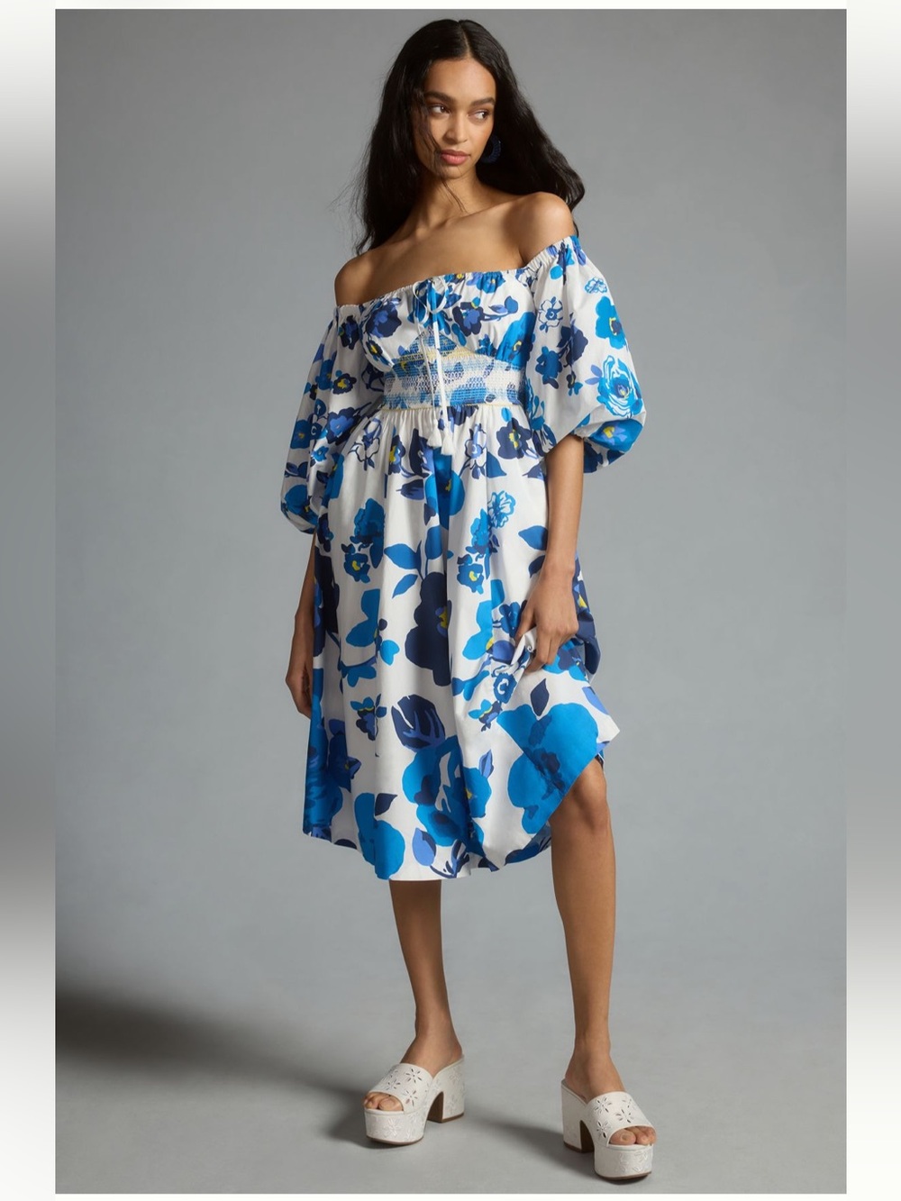 NWT Anthropologie Plenty by Tracy Reese Off-Shoulder Blue Floral Midi Dress M